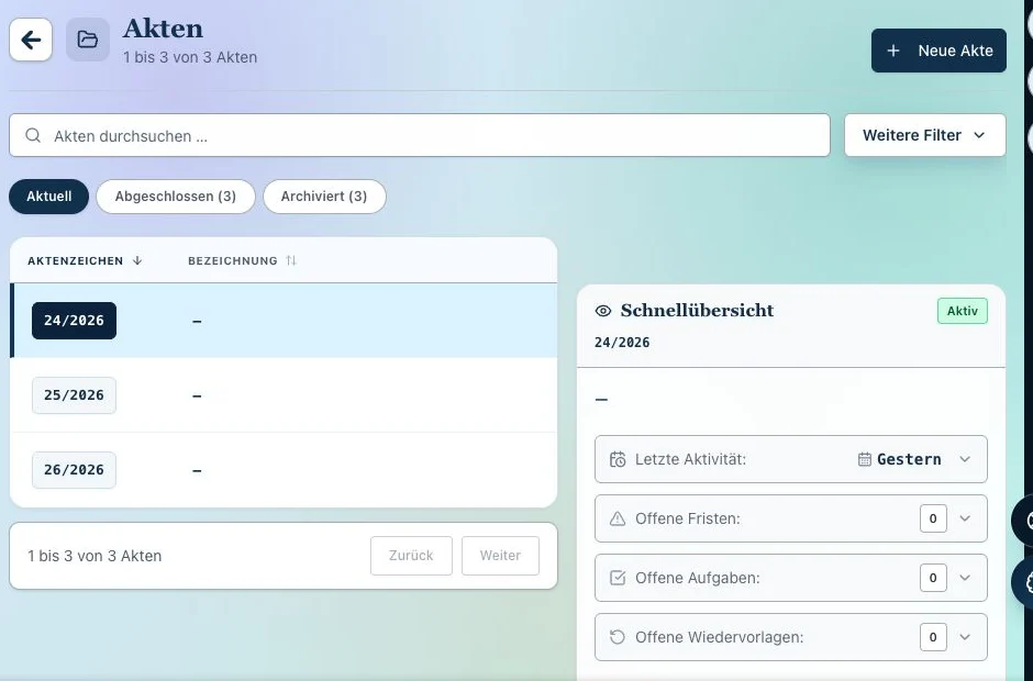 Aktuelle SILCROW Aktenübersicht mit ausgespartem Personenbereich und fiktiven Demo-Akten
