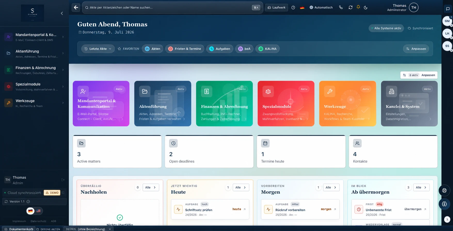 Aktuelles SILCROW Dashboard mit den sechs Rubriken und vollständig fiktiven Demo-Daten für Thomas