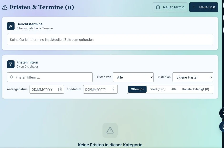 Aktuelle SILCROW Fristen- und Termineansicht ohne personenbezogene Daten