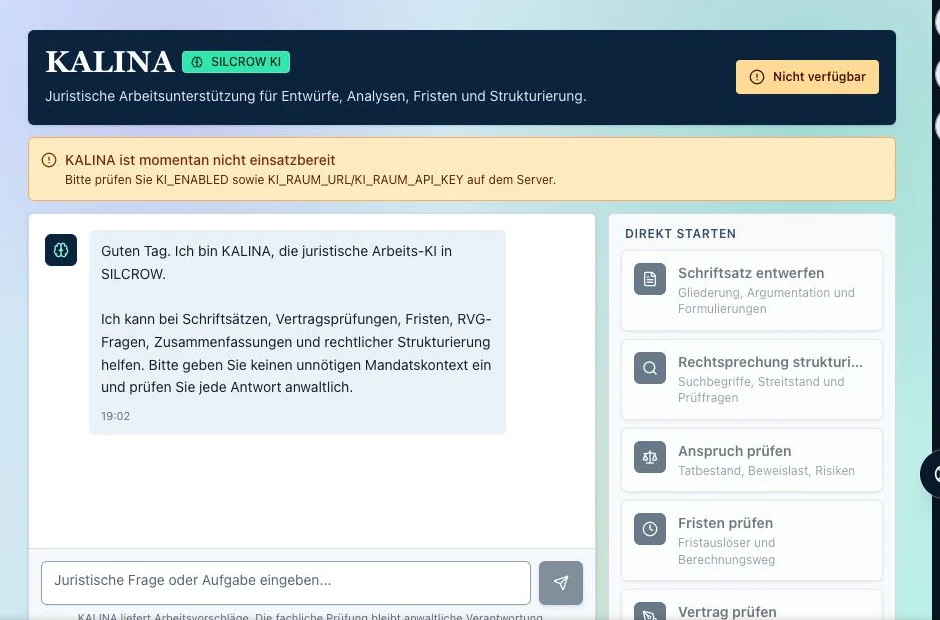 Aktuelle SILCROW KALINA Oberfläche ohne personenbezogene Daten