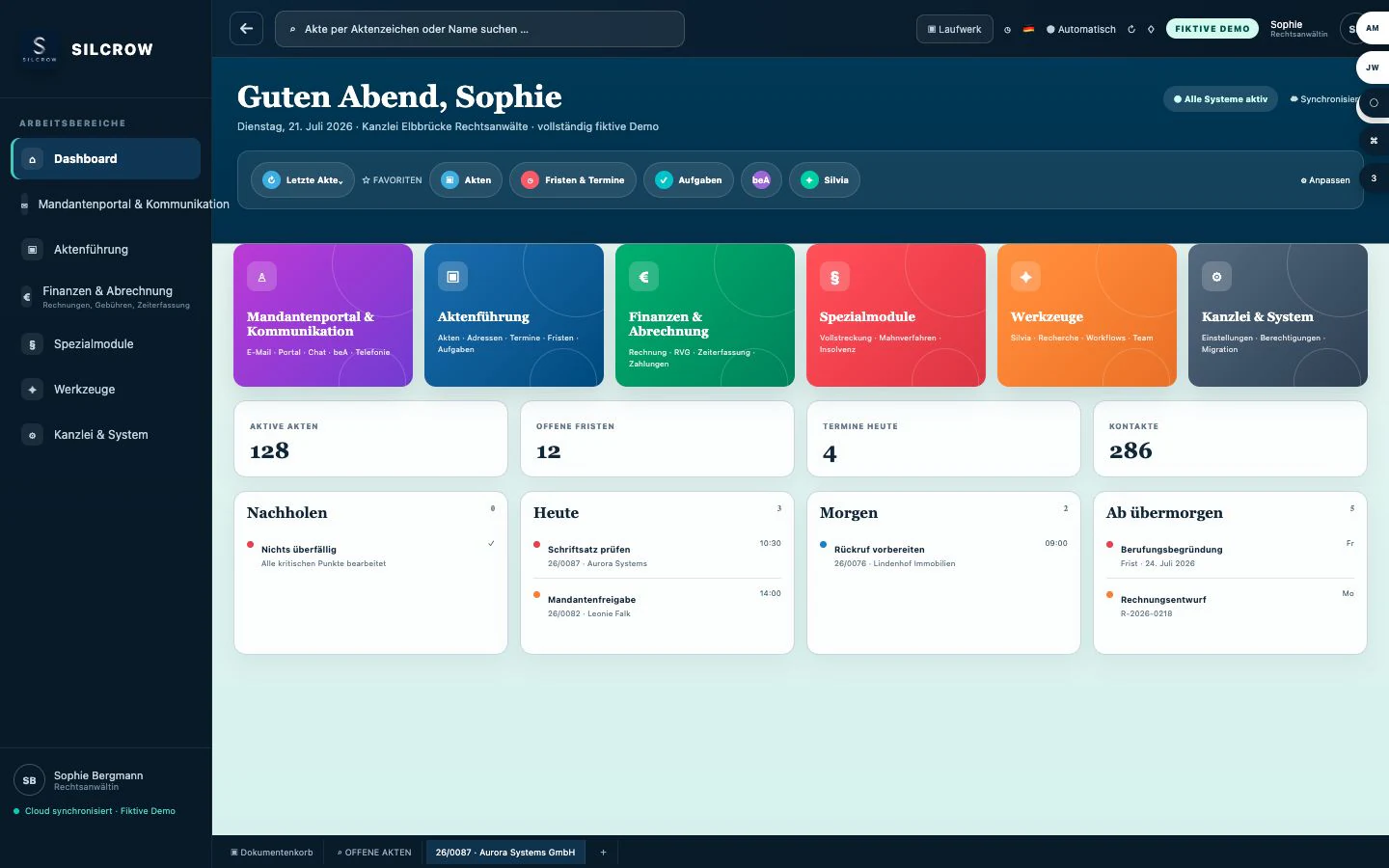 Aktuelles SILCROW Dashboard mit sechs Rubriken und vollständig fiktiven Demo-Daten für Sophie Bergmann