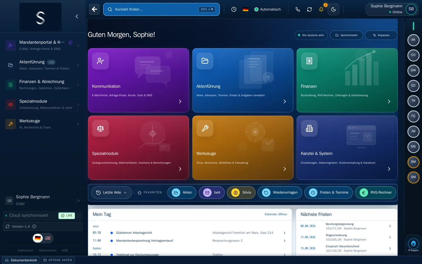 Aktuelles SILCROW Dashboard mit vollständig fiktiven und lesbaren Demo-Daten für Sophie Bergmann