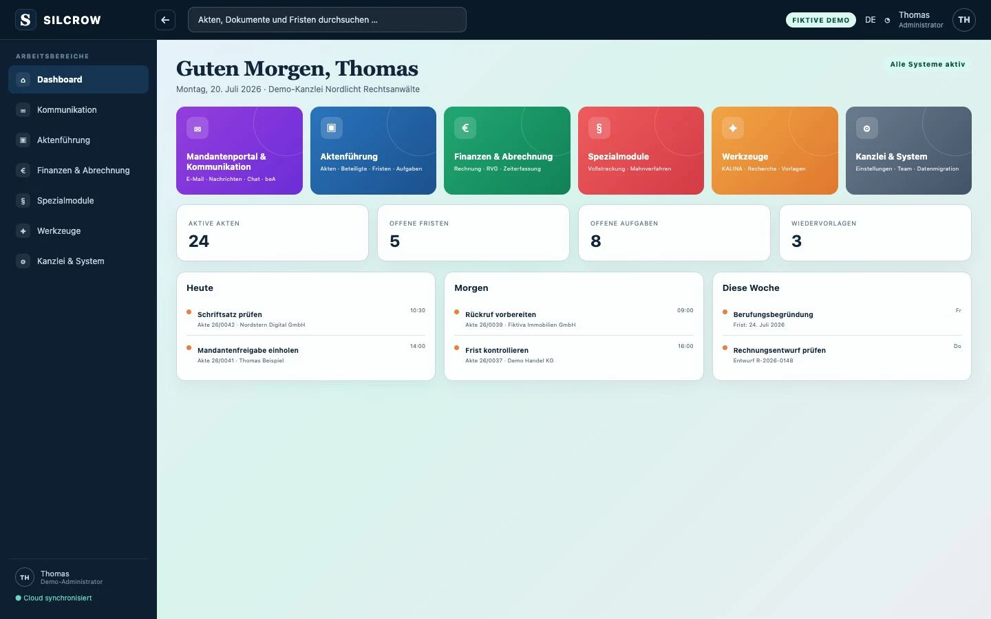 Aktuelle SILCROW Produktoberfläche mit vollständig fiktiven und lesbaren Demo-Daten für Thomas