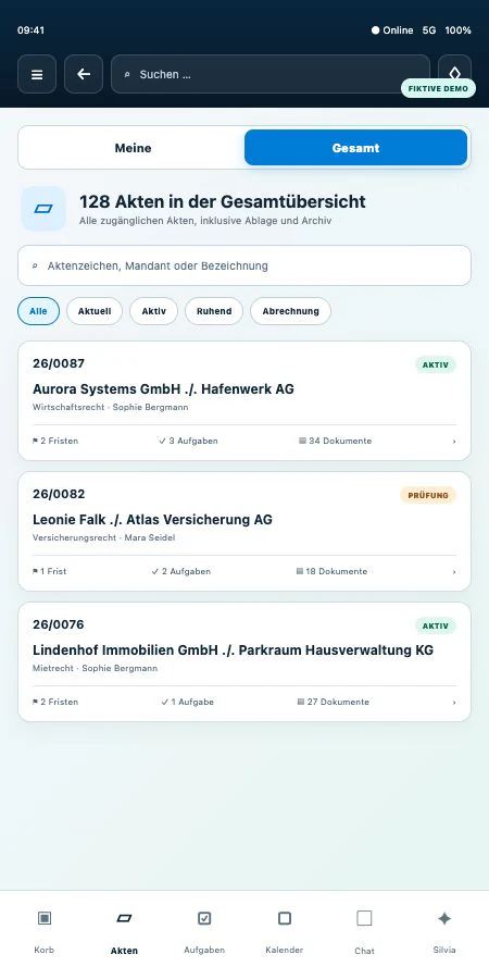 Aktuelle mobile SILCROW Aktenansicht mit fiktiven Demo-Daten