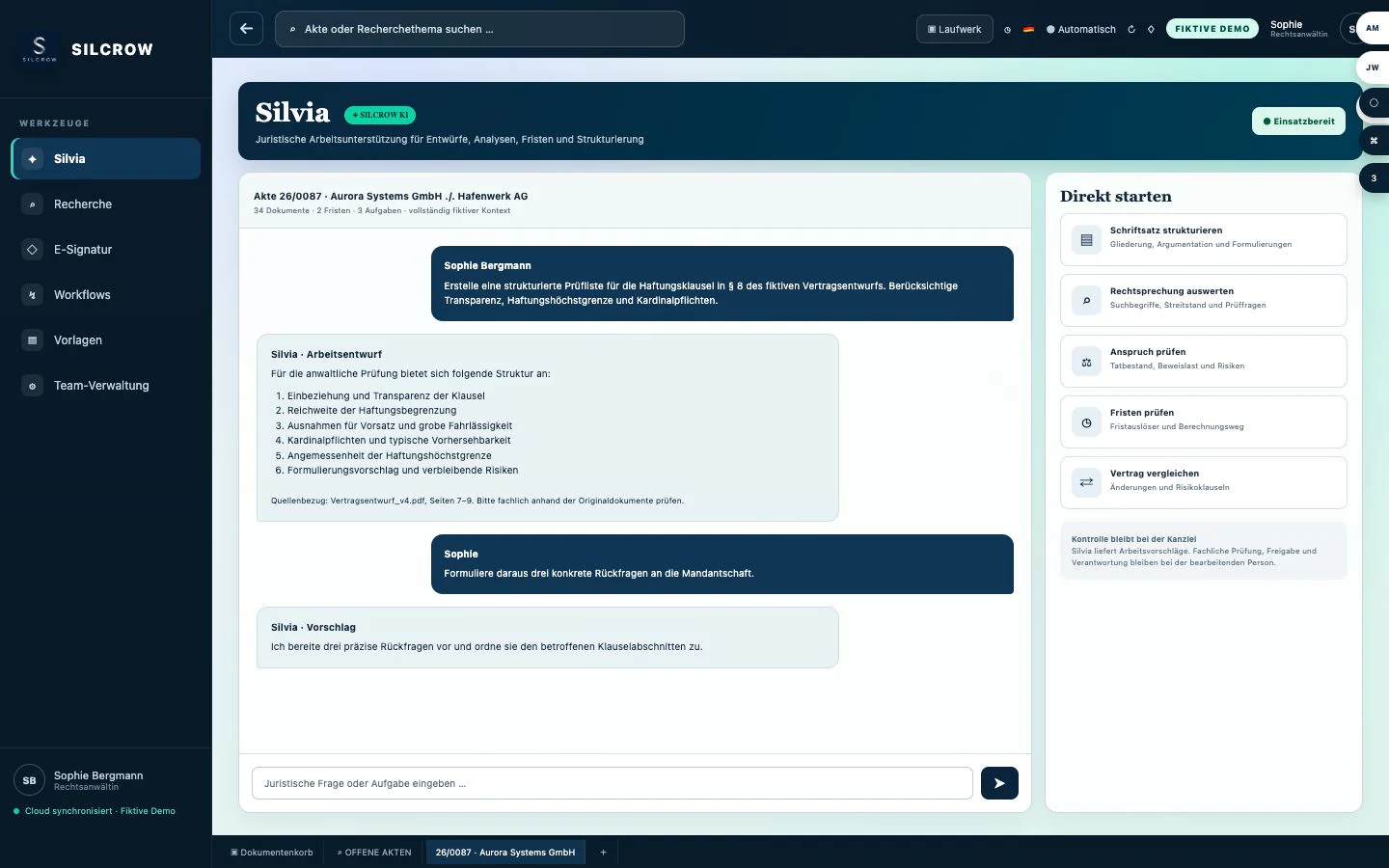 Aktuelle SILCROW SILVIA Oberfläche mit fiktivem Aktenkontext